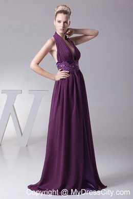 Purple Embroidery Ruching Chiffon Backless 2013 Evening Dress for Celebrity