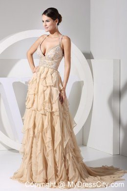 Spaghetti Straps Beaded Ruffles Brush Train Champagne Evening Formal Gowns