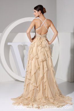 Spaghetti Straps Beaded Ruffles Brush Train Champagne Evening Formal Gowns