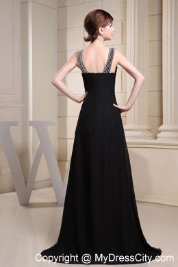 Sexy High Slit Beaded Bateau Brush Train Black Evening Dress for Celebrity