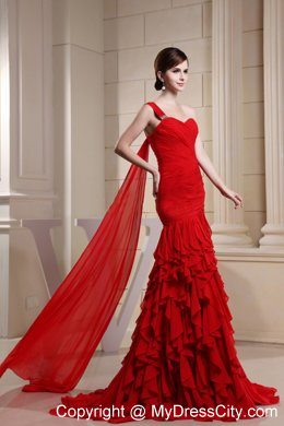 One Shoulder Ruffled Layers Mermaid Ruching Watteau Wine Red Evening Dresses