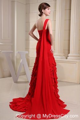 One Shoulder Ruffled Layers Mermaid Ruching Watteau Wine Red Evening Dresses