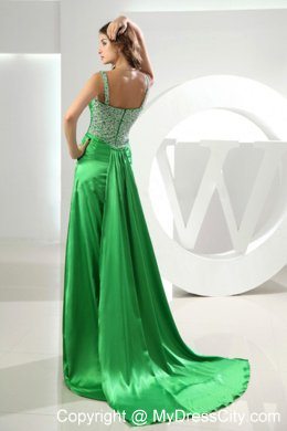 High Slit Beaded Straps Watteau Train Spring Green Evening Dresses for Celebrity