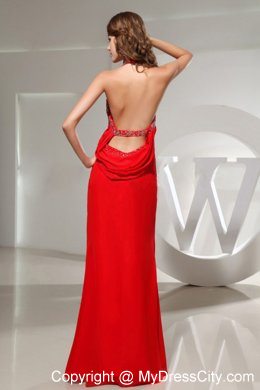 Ankle-length Halter Beaded Mermaid Wine Red Evening Party Dresses for Cheap