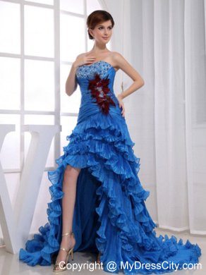 Organza Ruffled Layers Feather Beaded 2013 High-low Prom Evening Dresses