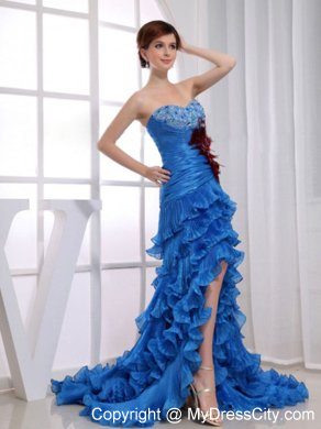 Organza Ruffled Layers Feather Beaded 2013 High-low Prom Evening Dresses