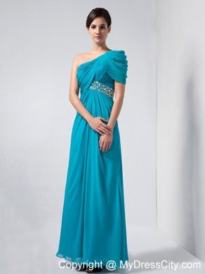 Ruching Beaded One Shoulder Short Sleeve Teal Chiffon Evening Party Dresses