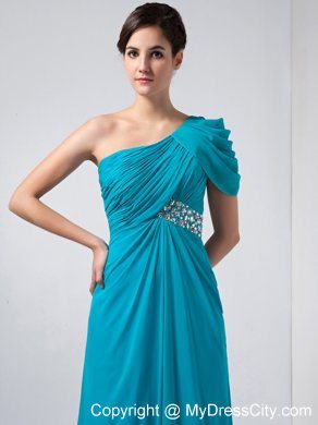 Ruching Beaded One Shoulder Short Sleeve Teal Chiffon Evening Party Dresses