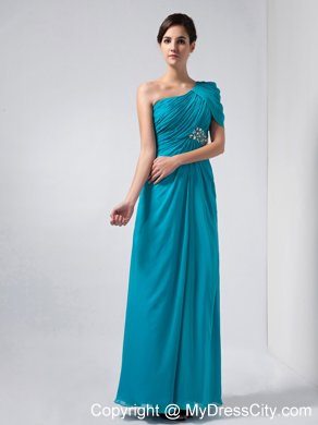 Ruching Beaded One Shoulder Short Sleeve Teal Chiffon Evening Party Dresses