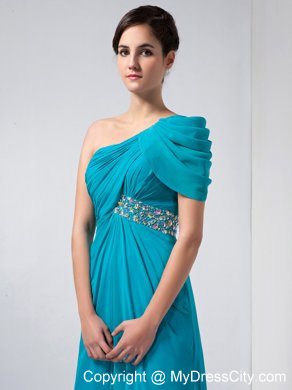 Ruching Beaded One Shoulder Short Sleeve Teal Chiffon Evening Party Dresses