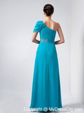 Ruching Beaded One Shoulder Short Sleeve Teal Chiffon Evening Party Dresses