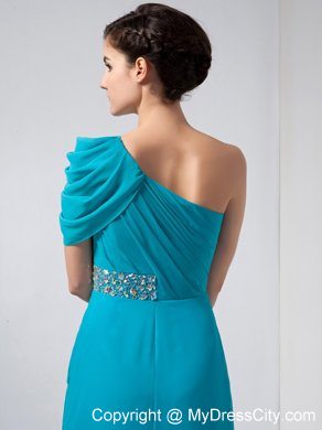 Ruching Beaded One Shoulder Short Sleeve Teal Chiffon Evening Party Dresses