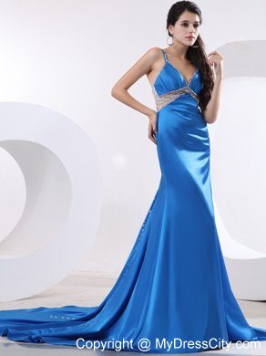 Sexy Teal Straps Beaded Court Train Prom Evening Dress with Criss Cross Back