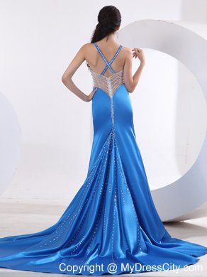 Sexy Teal Straps Beaded Court Train Prom Evening Dress with Criss Cross Back