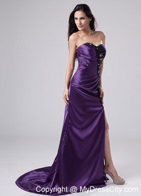 High Slit Black Appliques with Beading for Purple Evening Dress with Cutout Back