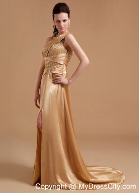 Gold One Shoulder Beaded High Slit Brush Train Evening Party Dresses