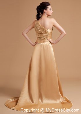 Gold One Shoulder Beaded High Slit Brush Train Evening Party Dresses