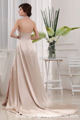 Sexy High Slit Halter Beaded Court Train Champagne Prom Evening Dress