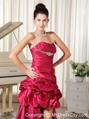 Pick Ups Flowers Beaded Strapless Hot Pink High-low Prom Evening Dress