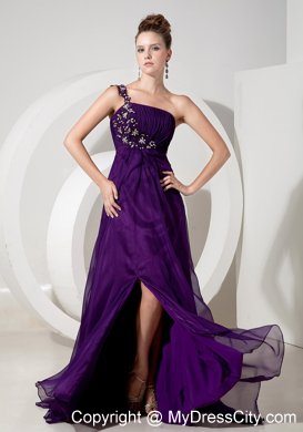 Beaded One Shoulder High Slit Purple Empire 2013 Prom Evening Dresses