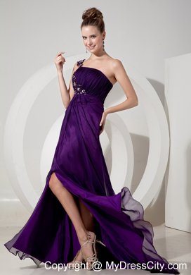 Beaded One Shoulder High Slit Purple Empire 2013 Prom Evening Dresses