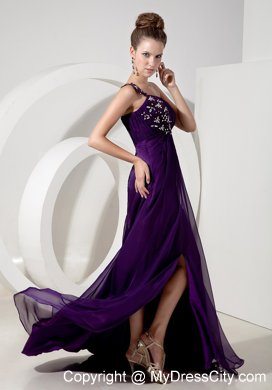 Beaded One Shoulder High Slit Purple Empire 2013 Prom Evening Dresses