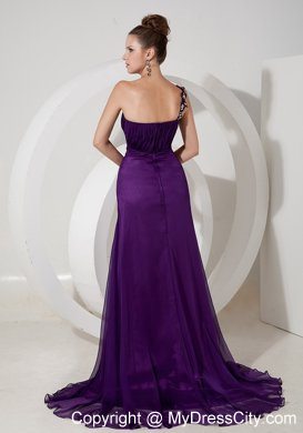 Beaded One Shoulder High Slit Purple Empire 2013 Prom Evening Dresses