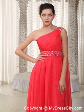 One Shoulder Beaded Watteau Train Chiffon Coral Red Prom Evening Dresses