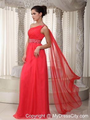 One Shoulder Beaded Watteau Train Chiffon Coral Red Prom Evening Dresses