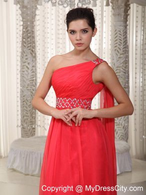 One Shoulder Beaded Watteau Train Chiffon Coral Red Prom Evening Dresses