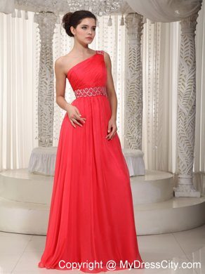 One Shoulder Beaded Watteau Train Chiffon Coral Red Prom Evening Dresses