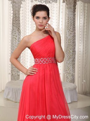 One Shoulder Beaded Watteau Train Chiffon Coral Red Prom Evening Dresses