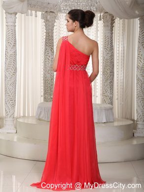 One Shoulder Beaded Watteau Train Chiffon Coral Red Prom Evening Dresses