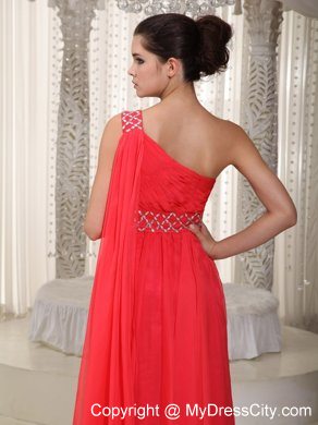 One Shoulder Beaded Watteau Train Chiffon Coral Red Prom Evening Dresses