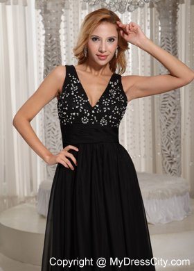 Cheap V-neck Beaded Empire Chiffon Black Evening Dresses for Celebrity