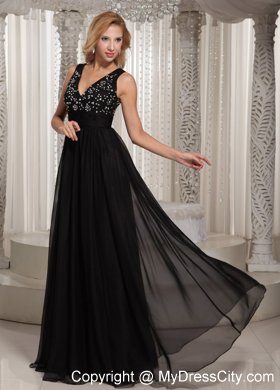 Cheap V-neck Beaded Empire Chiffon Black Evening Dresses for Celebrity