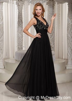 Cheap V-neck Beaded Empire Chiffon Black Evening Dresses for Celebrity