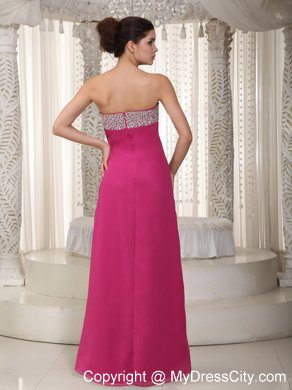 High Slit Beaded Hot Pink Empire Chiffon Evening Dress for Celebrity