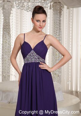 Spaghetti Straps Beaded Empire Chiffon Purple Evening Party Dresses