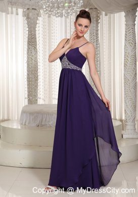 Spaghetti Straps Beaded Empire Chiffon Purple Evening Party Dresses