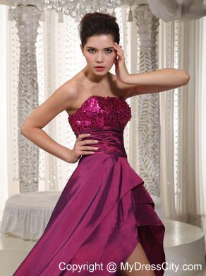 Sequined Strapless Fuchsia Detachable 2013 High-low Prom Evening Dress