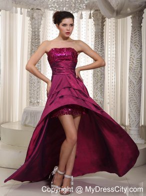 Sequined Strapless Fuchsia Detachable 2013 High-low Prom Evening Dress