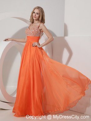 Spaghetti Straps Beaded Empire Chiffon Orange Maxi Evening Dresses