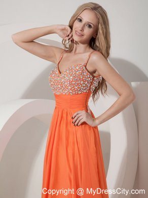 Spaghetti Straps Beaded Empire Chiffon Orange Maxi Evening Dresses