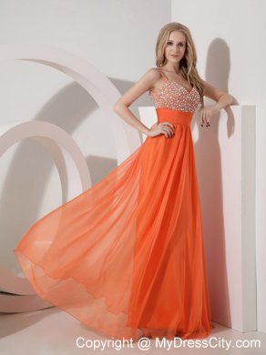 Spaghetti Straps Beaded Empire Chiffon Orange Maxi Evening Dresses