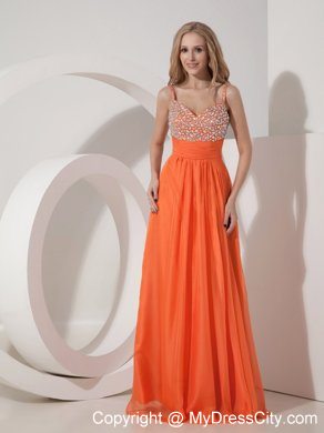 Spaghetti Straps Beaded Empire Chiffon Orange Maxi Evening Dresses