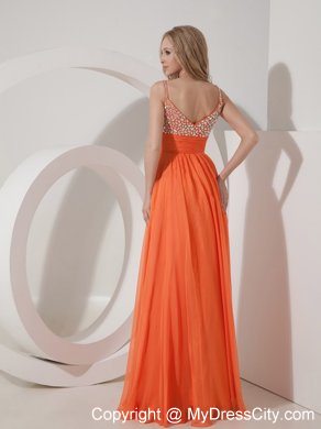 Spaghetti Straps Beaded Empire Chiffon Orange Maxi Evening Dresses