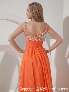 Spaghetti Straps Beaded Empire Chiffon Orange Maxi Evening Dresses