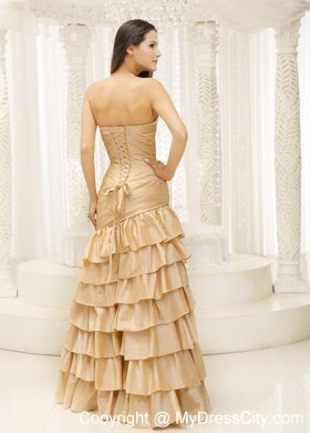 Ruffled Layers Sweetheart Beaded Ruching Gold Prom Evening Dresses