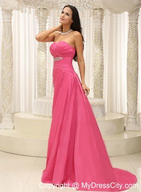 Hot Pink Sweetheart Ruching Beaded Evening Formal Gown with Brush Train